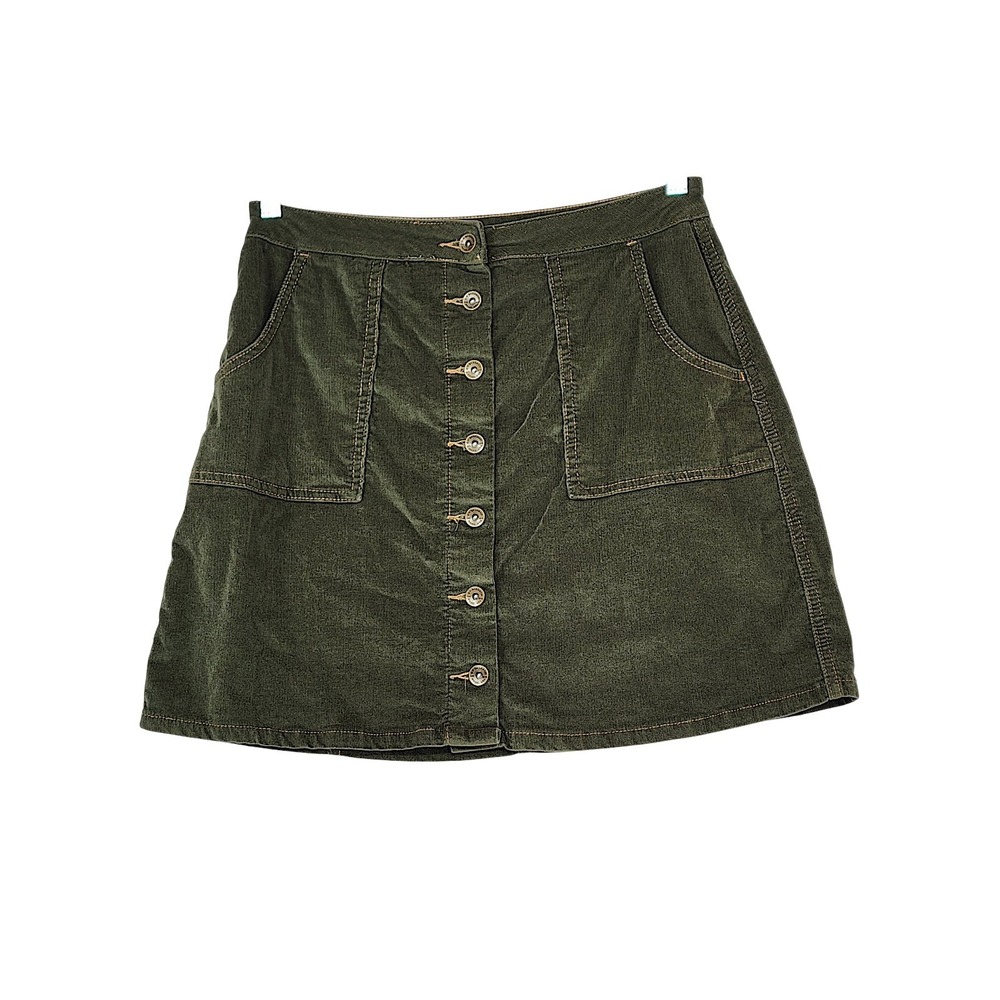 Y2K Grunge Corduroy Mini Skirt 6 Olive Green School 90s Emo Button Up Retro Boho
